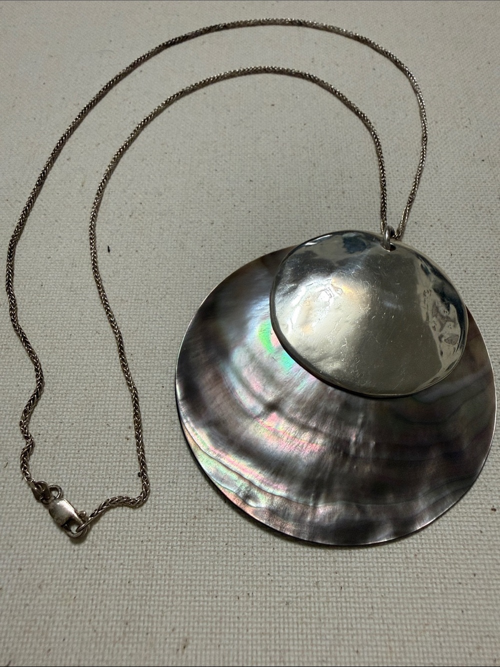 Sterling silver 925 Iridescent Mother-of-Pearl Double Disc Pendant Necklace - Picture 8 of 10